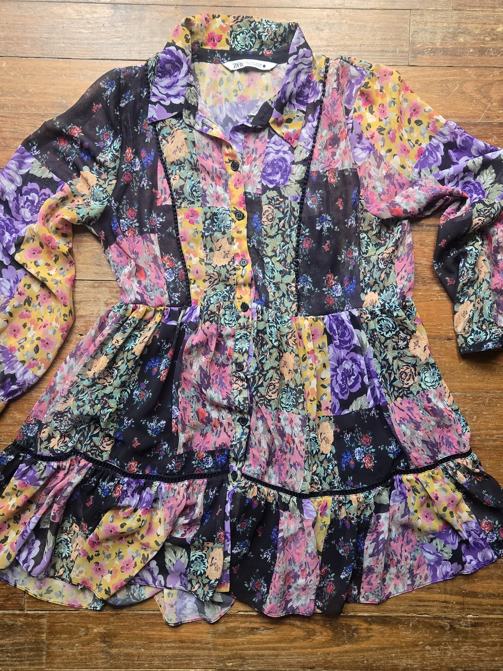 Zara Floral Patchwork Tiered Button Front Mini Dress XL